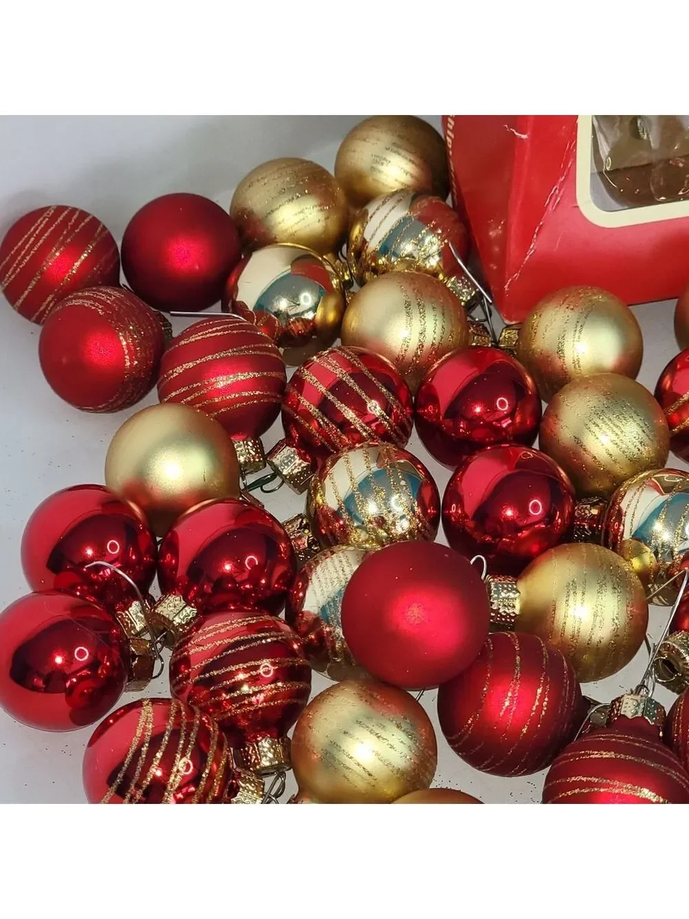 Christopher Radko SHINY BRITE 50 Mini CHRISTMAS ORNAMENTS Red Gold Glitter